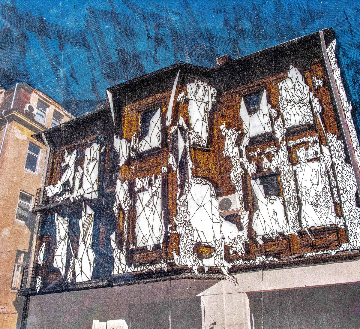 Layers, Voids and Shattered Parasites - layered architectural drawing of a deteriorating Sofia façade, combining photography, drawing, exposed surfaces and fragmented voids.