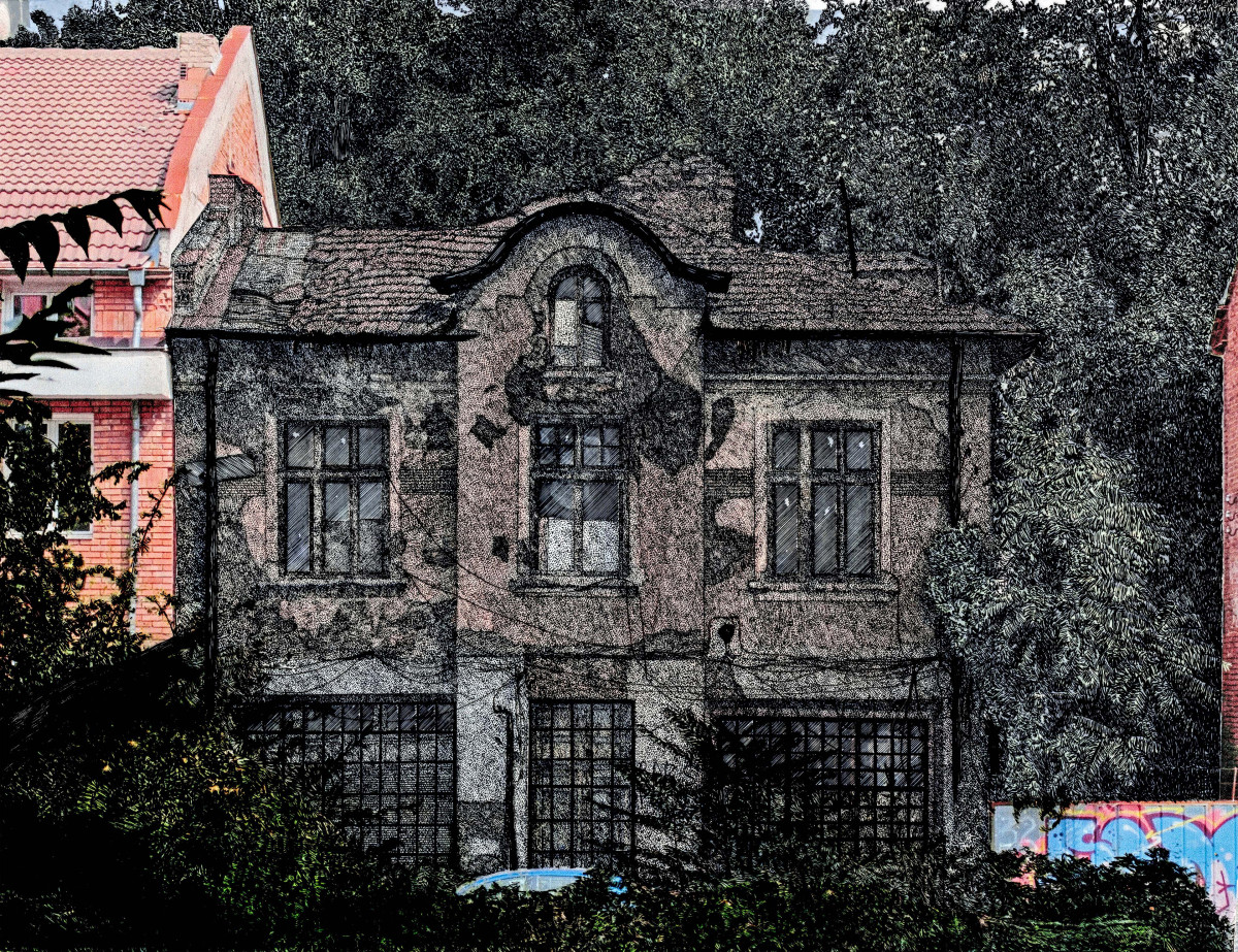 Temporal Suspension - architectural drawing of a deteriorating historic house in Sofia, combining photography and drawing to examine decay, vegetation and material traces.