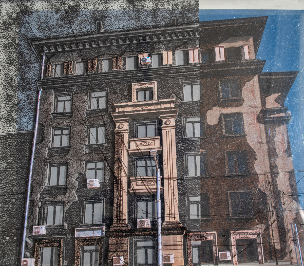 Urban Strata, Unsustained - layered architectural drawing of a Sofia residential façade, combining photography, drawing and shifting material surfaces.