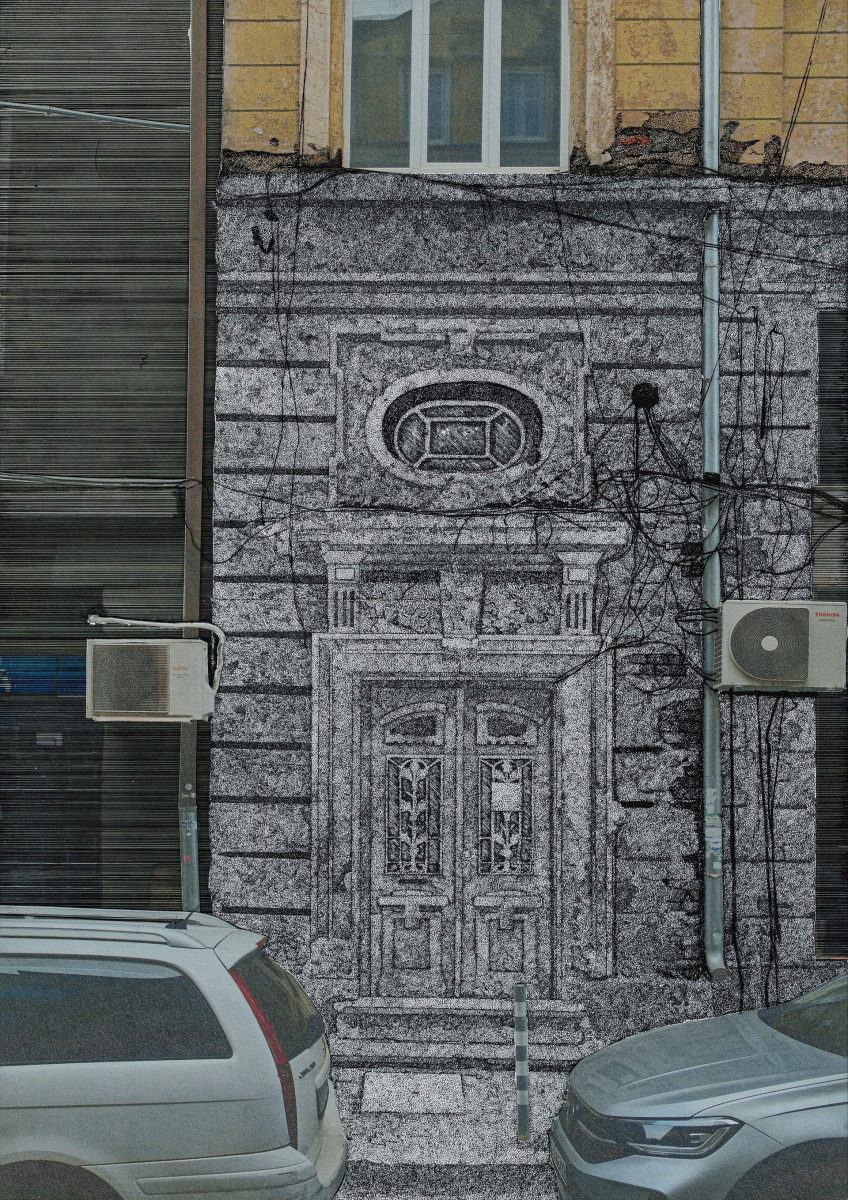 Urban Palimpsest - layered architectural drawing of a Sofia façade, combining photography and linework to reveal traces of alteration, repair and accumulated urban change.