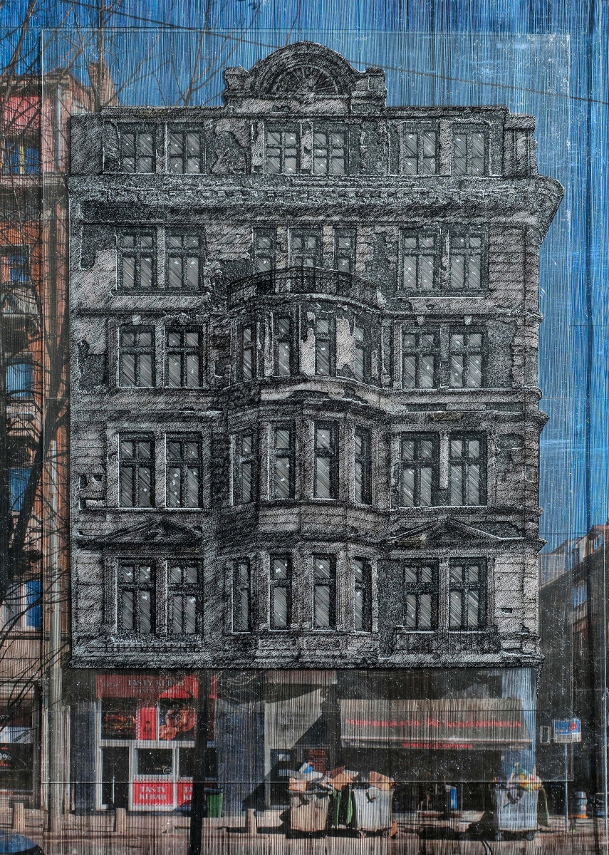 Layers of Urbanity - layered architectural drawing examining a historic Sofia façade through photography, drawing and fragmented urban layers.