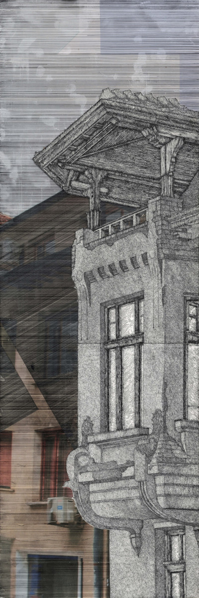 A Vestige Within the Void - narrow layered architectural drawing of a historic Sofia façade fragment, combining photography and linework to isolate a surviving architectural element within a changing urban context.