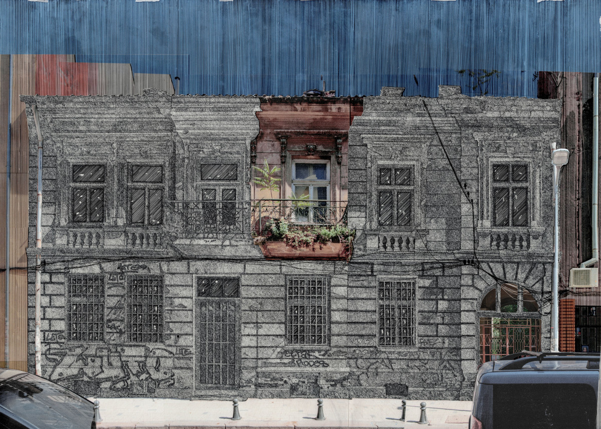 Urban Superimposition - layered architectural drawing of a historic Sofia façade, combining photography, linework and selective colour to reveal overlapping states of the existing building.